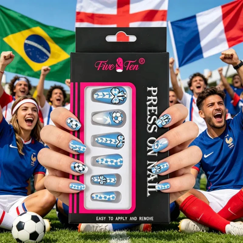 Argentina Press On Nails Blue White Football Fan Party False Nails Waterproof Easy Apply Remove Qme