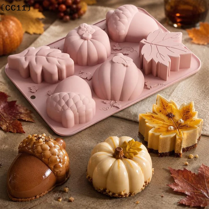 Silicone Fall Baking Mold Non Stick 6 Cavity Pumpkin Leaf Acorn Qme