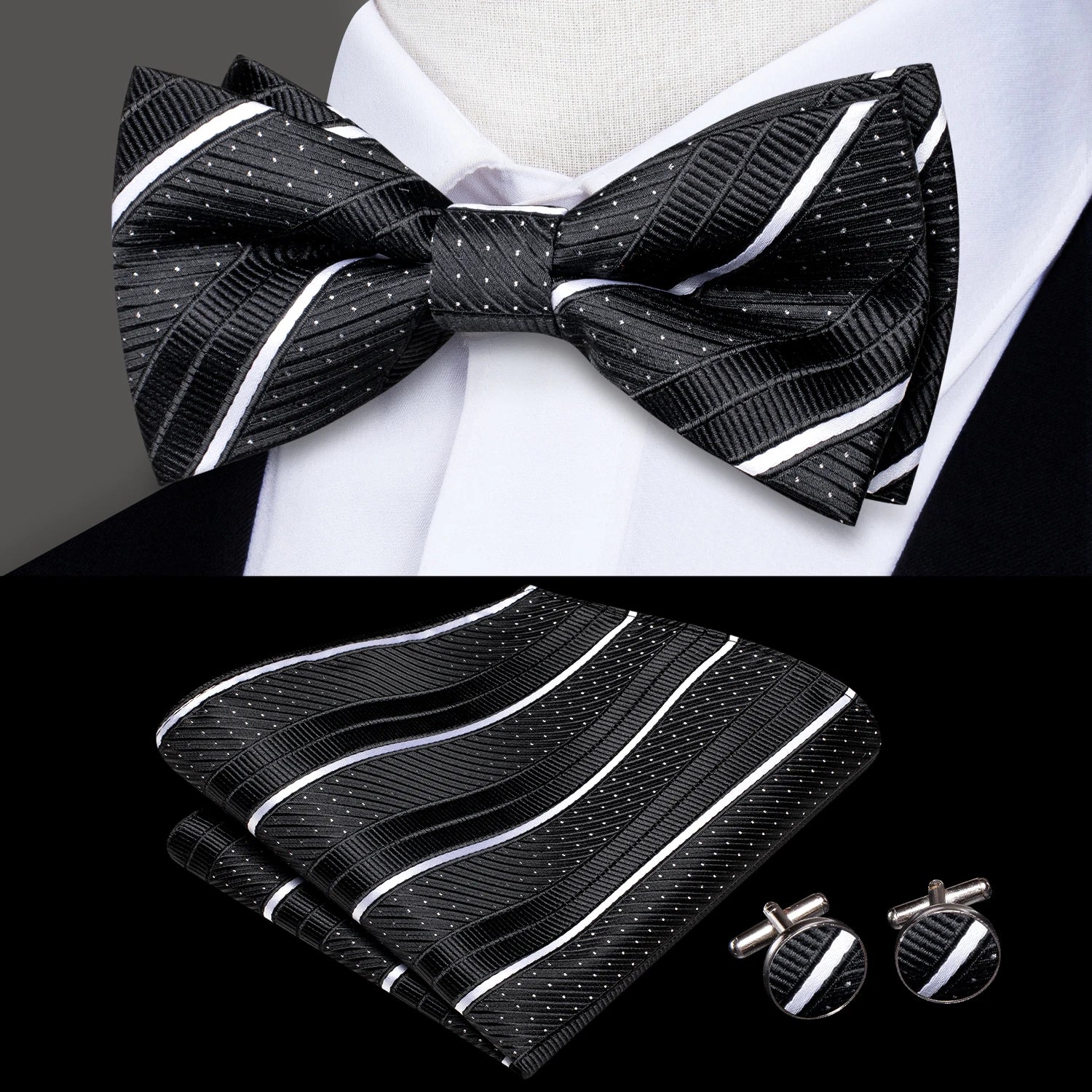 Hi-tie Grey Plaid Jacquard Pre-tied Mens Bow Tie Hanky Cufflinks