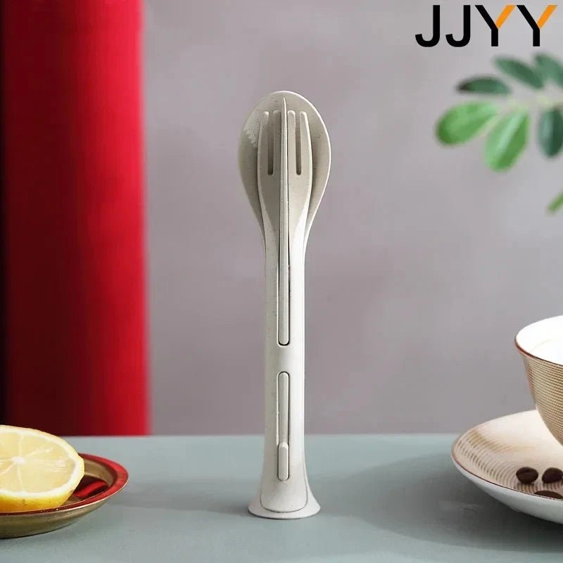3PCS Portable Wheat Straw Cutlery Set Detachable Travel Tableware Dinnerware Set Camping Picnic Spoon Fork Chopsticks Kit Qme Beige