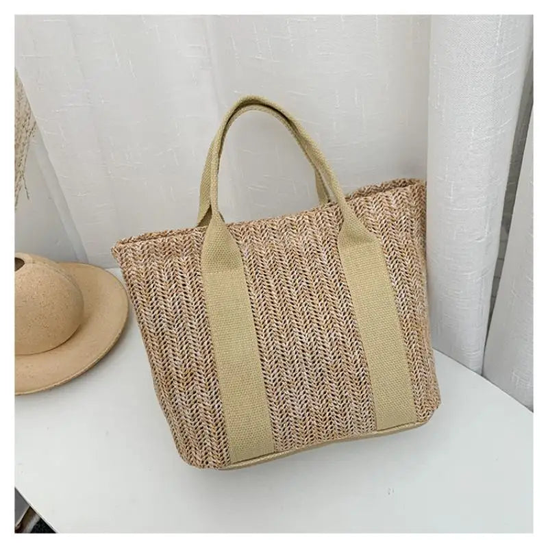 Korean-Style Woven Handbag: Summer Casual Tote - Fashionable Combination Weave for Daily Versatile Outfits Qme Khaki