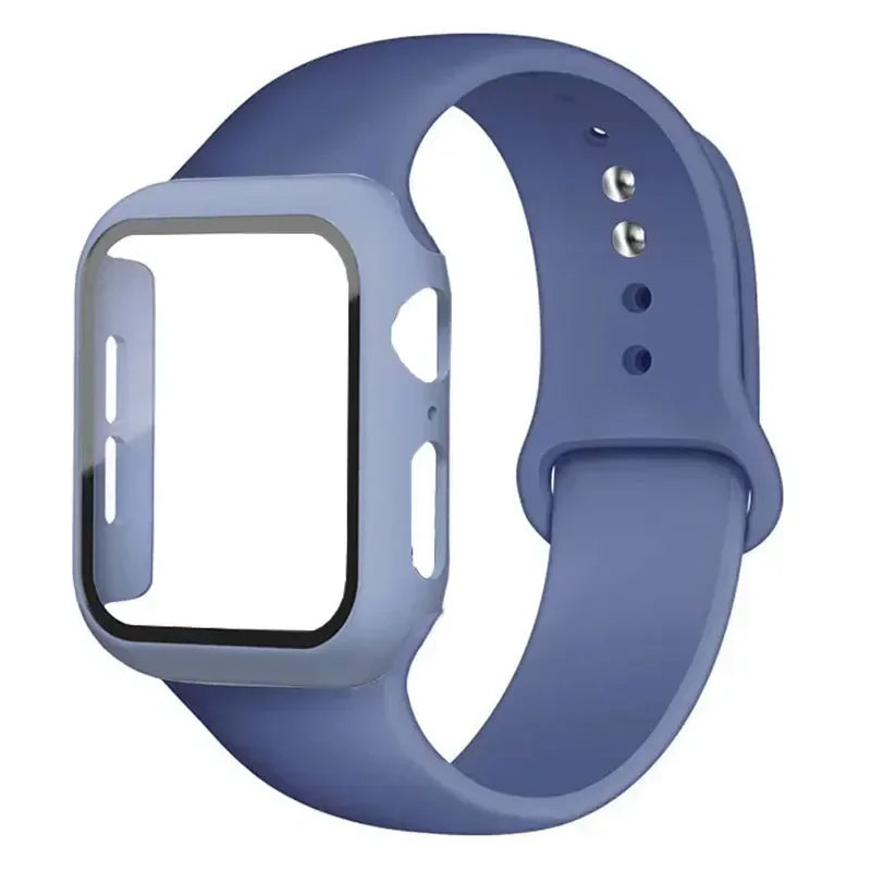 Glass+Case+Strap for Apple Watch Band 45mm 44mm 41mm 40mm 38mm 42mm Screen Protectors for Apple IWatch Series 9 8 7 6 SE 5 3 4 Qme Ice-cyan 45mm