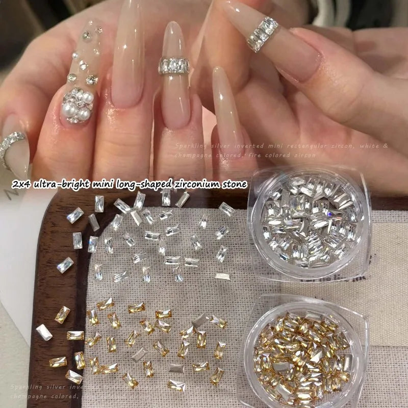 50Pcs Mini Long Strip Zircon Nail Rhinestones Super Sparkle Clear White/Champagne DIY Nail Art Decor Flat-Back 2*4MM Accessories Qme