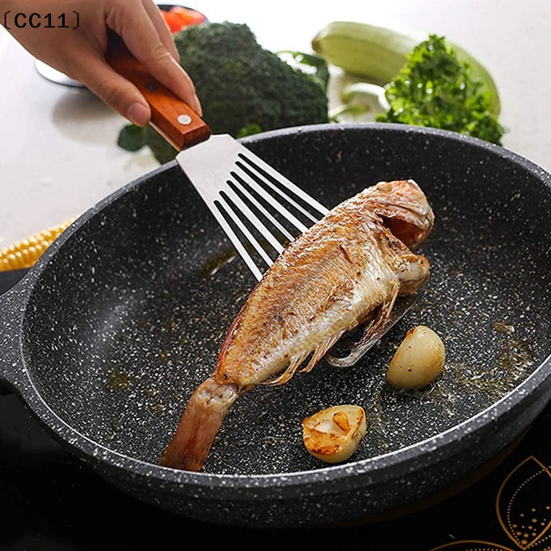 Stainless Steel Fish Frying Shovel Wooden Handle Fan-shaped Household Qme