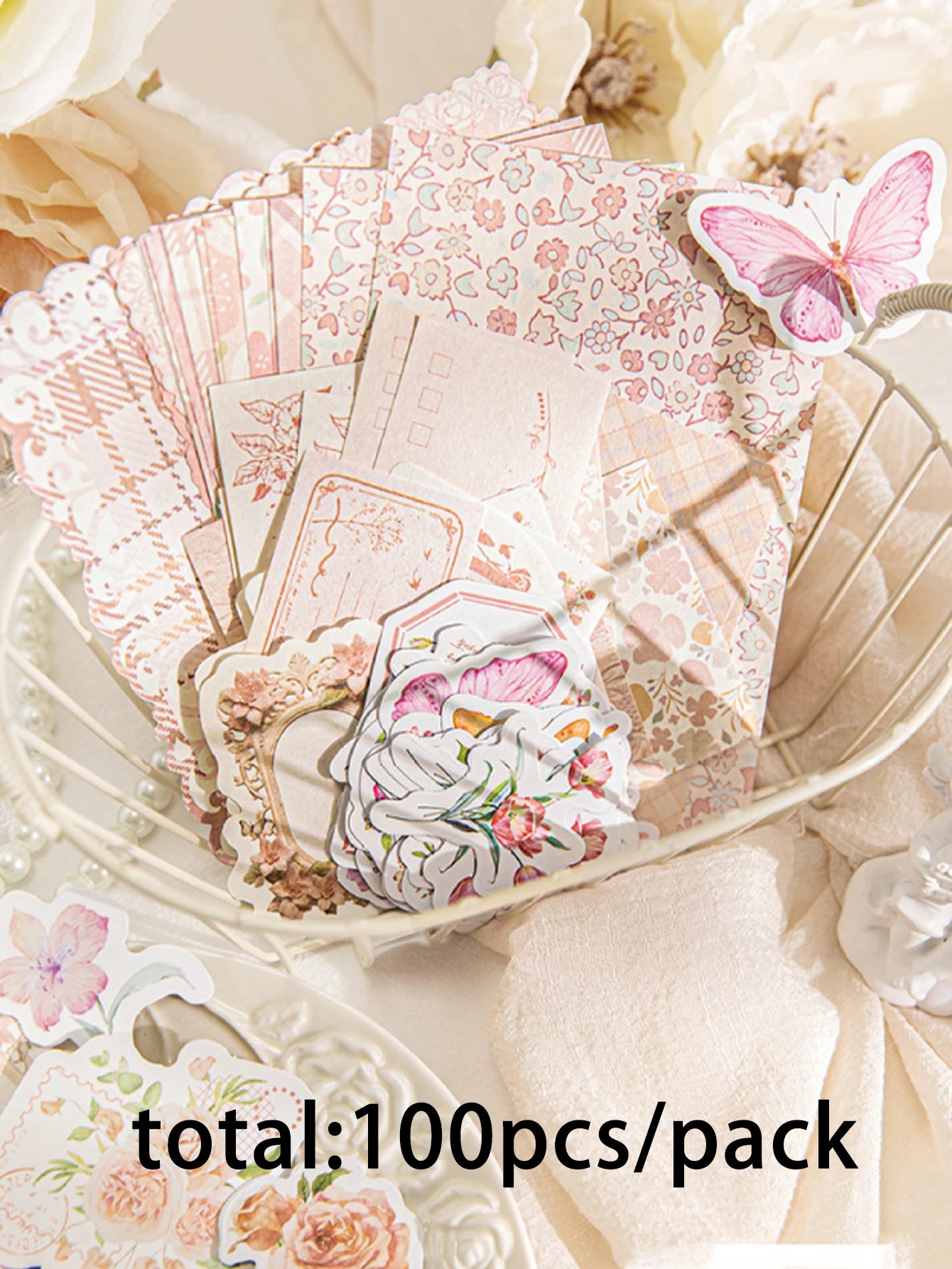 Light Vintage Watercolor Floral Kit, Artistic Botanical Decor Paper for DIY Journal Collage & Background Layering Qme C