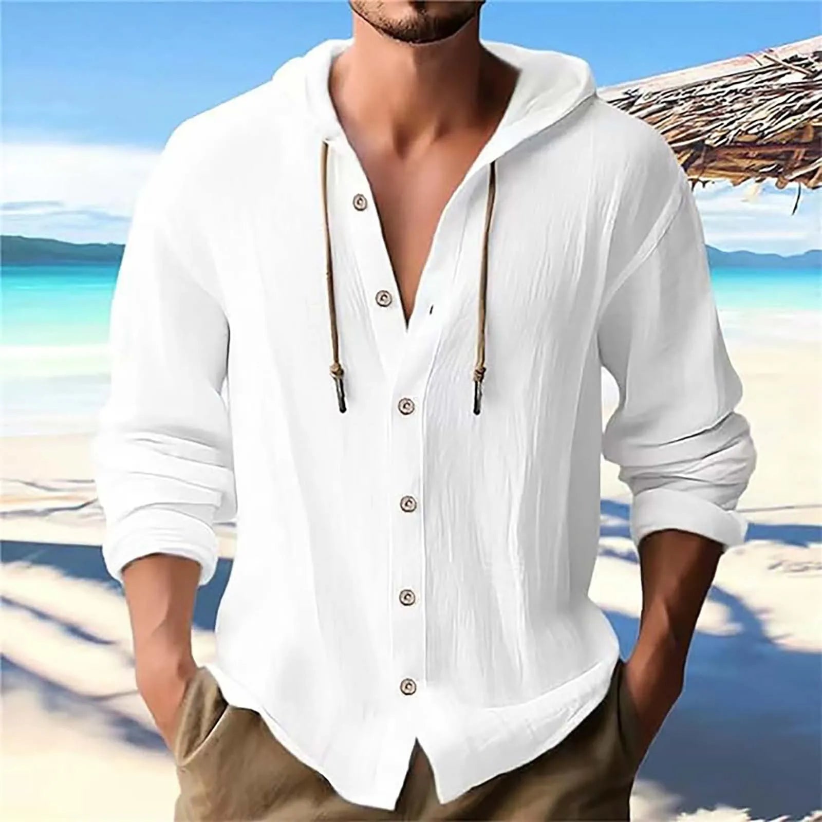Men's Solid Color Casual Long Sleeved Shirt With Hood And Drawstring Cotton And Linen Cardigan Fashionable Daily Versatile Top Qme White L
