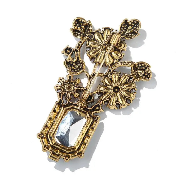 Vintage Emerald Crystal Flower Vase Brooch Shiny Rhinestone Decor Anti-Fade Lapel Pin Gift for Women Friend Qme
