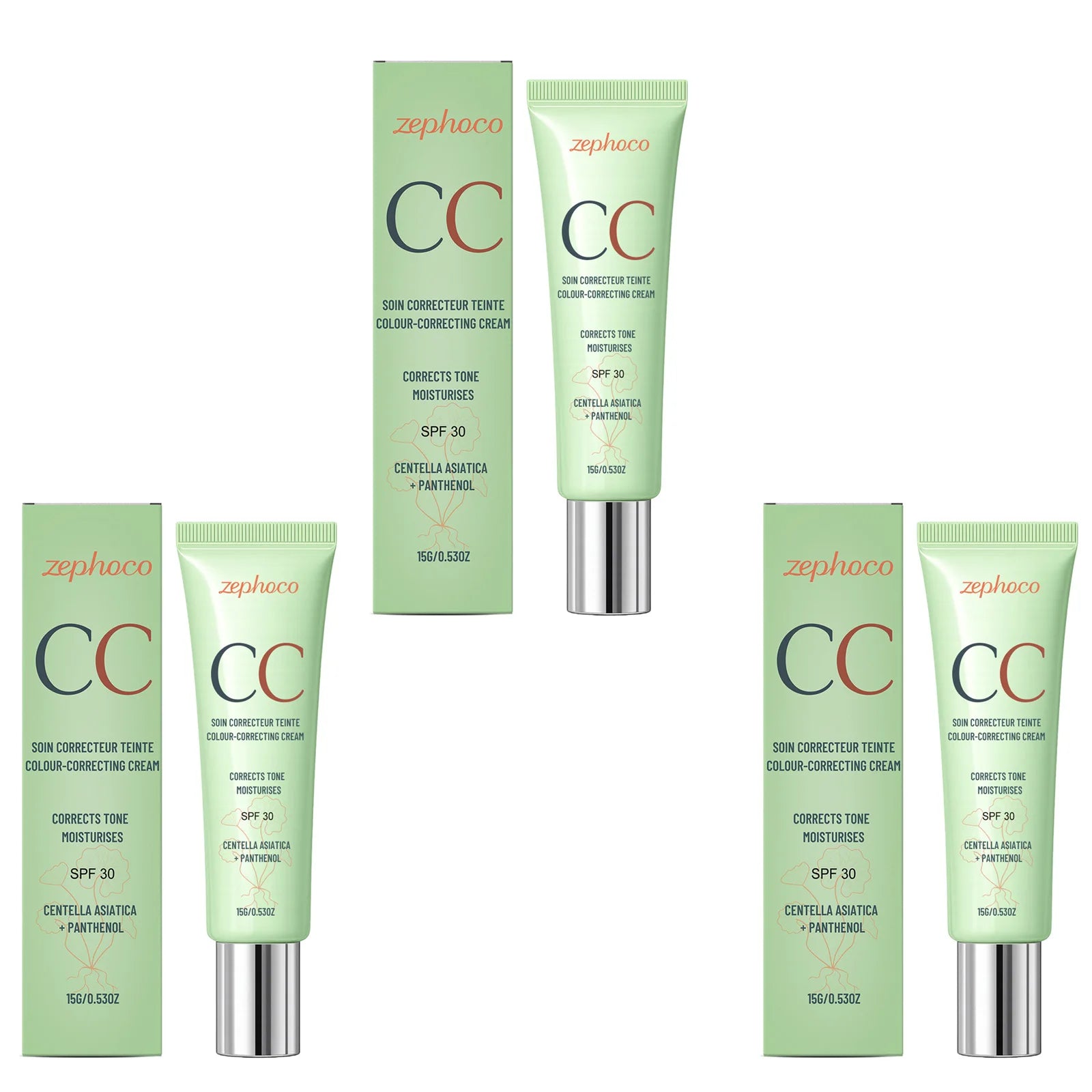 Zephoco Color Correcting Cream SPF 30 Anti UV Sun Protection Redness Blemish Cover Waterproof Centella CC Cream Foundation 15g Qme 3 X 15g Boxed
