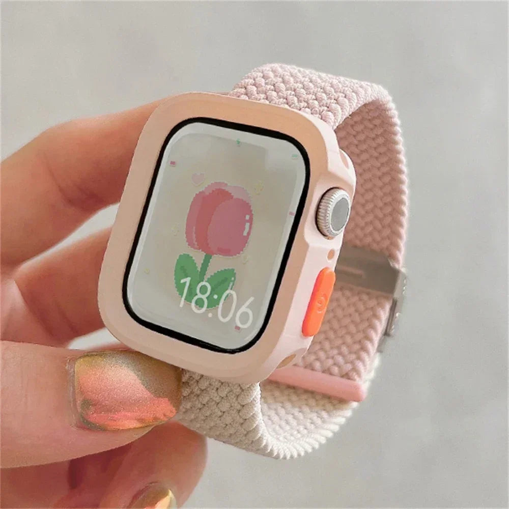 Candy Silicone Case+Strap For Apple Watch Series 9 8 7 45mm 41mm Band SE 6 5 4 44mm 40mm Nylon correa Strap iwatch Ultra 2 49mm Qme