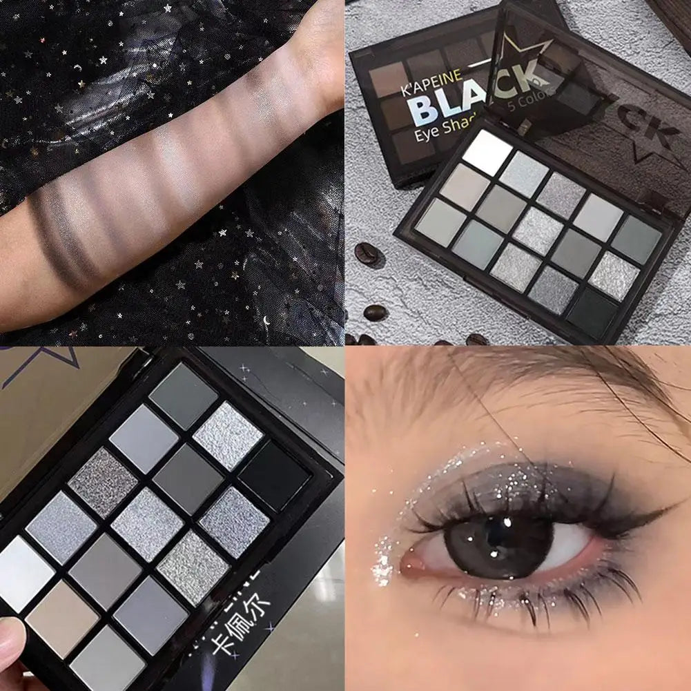 15Colors Black Grey Smokey Eyeshadow Palette, Matte Black White Gray Silver Smoky Eye Shadow, Black Eyeshadow Makeup Goth Look Qme