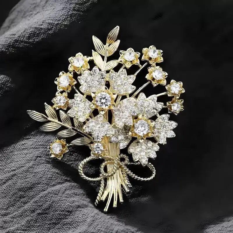 Exquisite Crystal Flower Bouquet Brooch Pin Luxury Rhinestone Qme