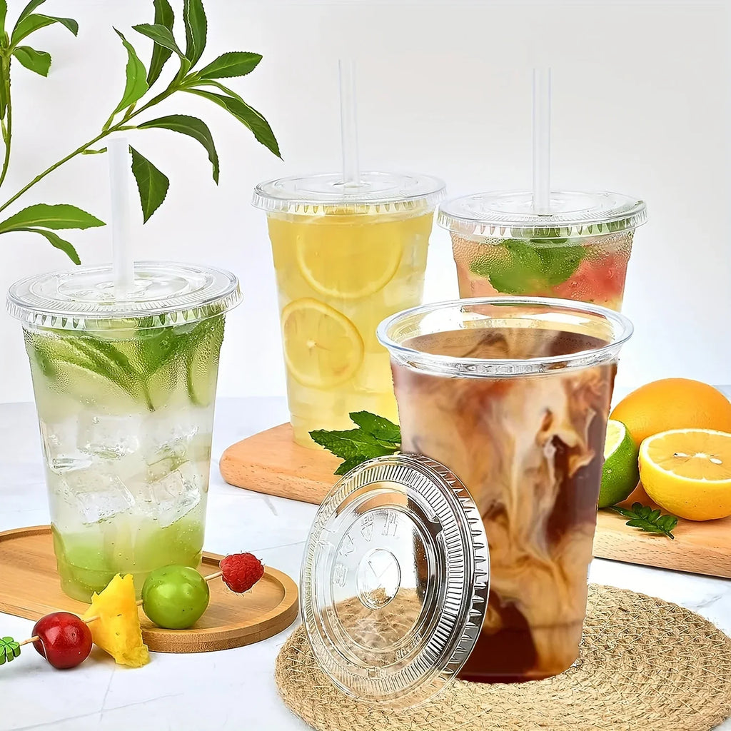 50pcs/Set 12/16OZ Plastic Cups With Lids Disposable Cups For Iced Coffee Smoothie Milkshake Cold Drinks Birthday Party Supplies Qme