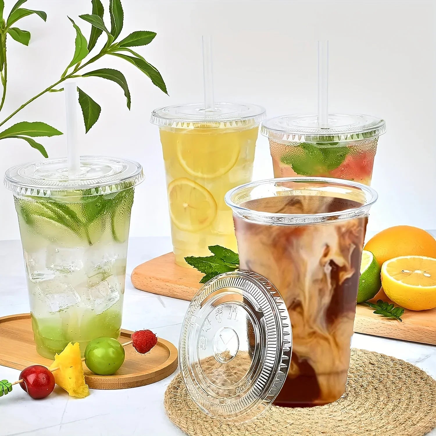 50pcs/Set 12/16OZ Plastic Cups With Lids Disposable Cups For Iced Coffee Smoothie Milkshake Cold Drinks Birthday Party Supplies Qme