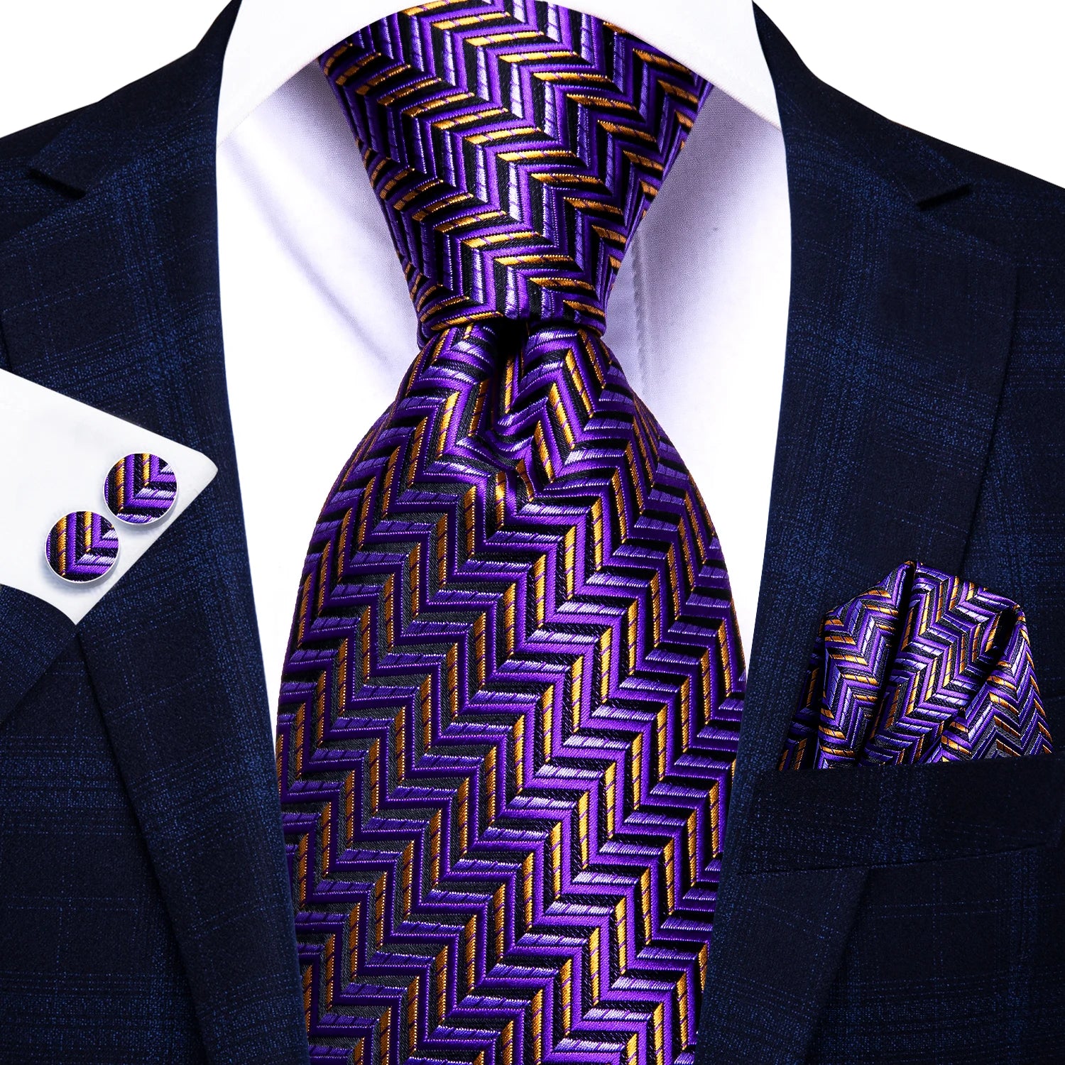 Hi-Tie 3pcs Mens Tie Purple Floral Stripes Solid Necktie Pocket Square Cufflinks Set Wedding Formal Casual Office Party Qme LDSN3326
