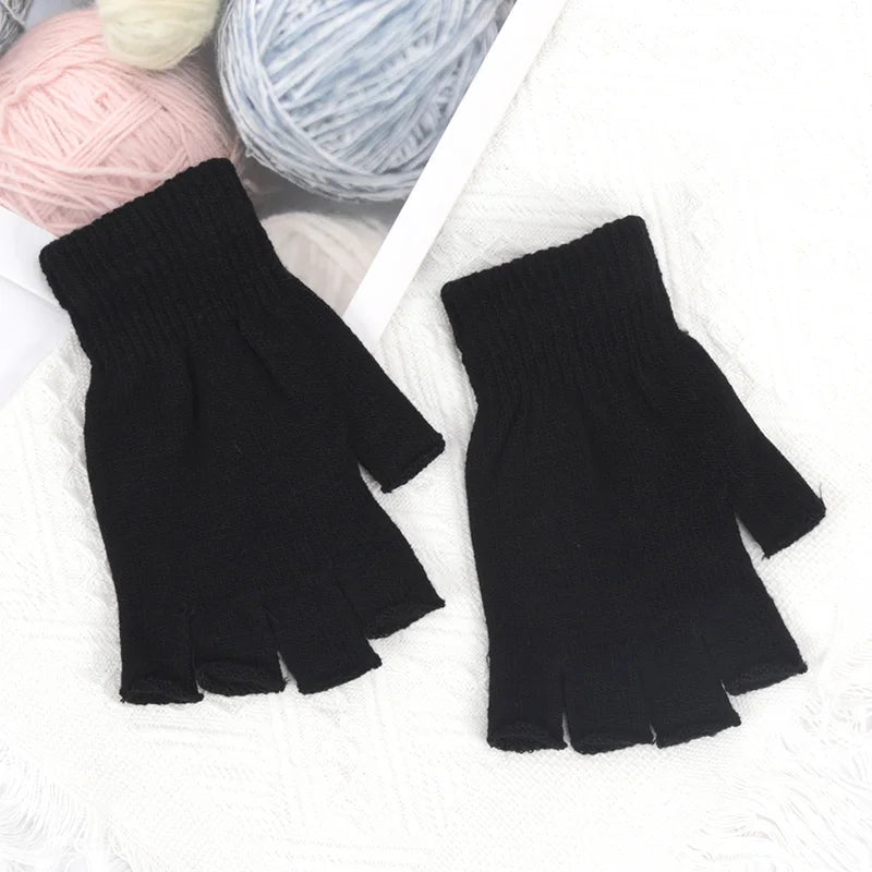 1Pair Black Short Half Finger Fingerless Gloves Unisex Outdoor Short Warm Mittens Women Men Knit Elastic Comfort Work Gloves Qme black
