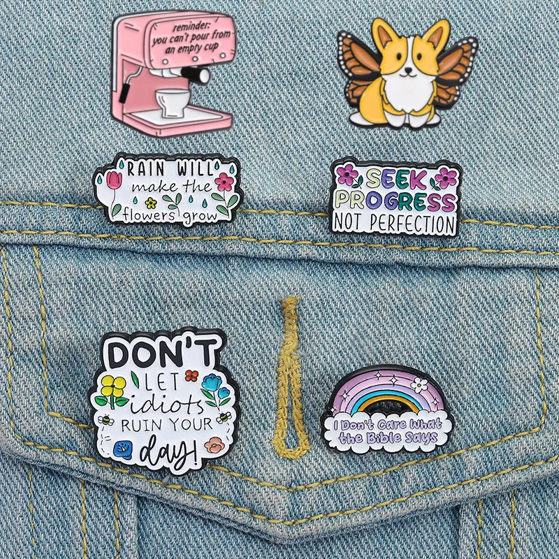 Cartoon Rainbow English Enamel Pins Seek Progress Not Perfection Metal Badge Brooch Children And Friends Jewelry Gifts Wholesale Qme