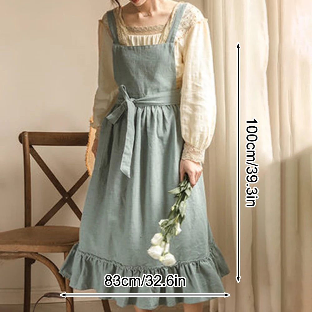 1PC French Pastoral Florist Artsy Cotton Linen Vintage Apron Kitchen Baked Nordic Solid Color Ruffled Apron Qme