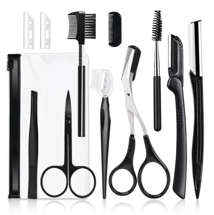 Black Eyebrow Trimming Scissors Stainless Steel Tweezers Scraping Qme 11pc
