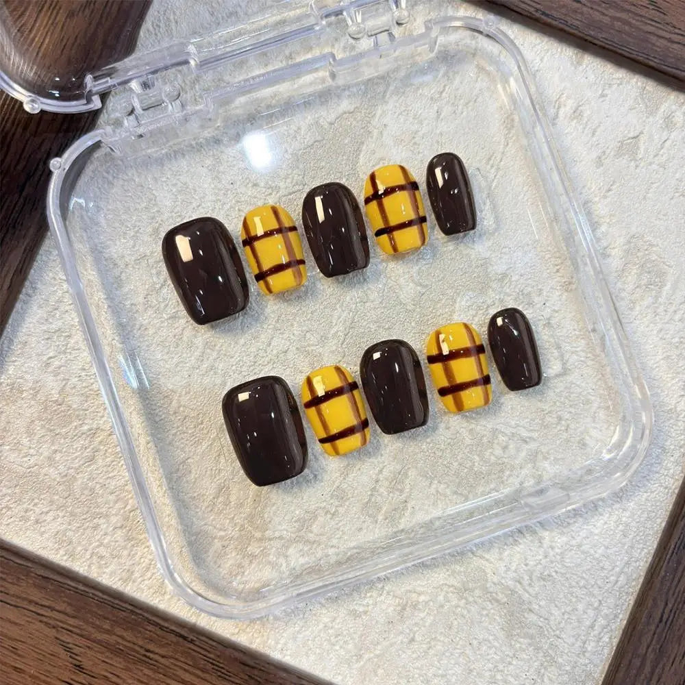 Autumn Winter End Brown Yellow Plaid Nail Patch Simple Design Women Qme