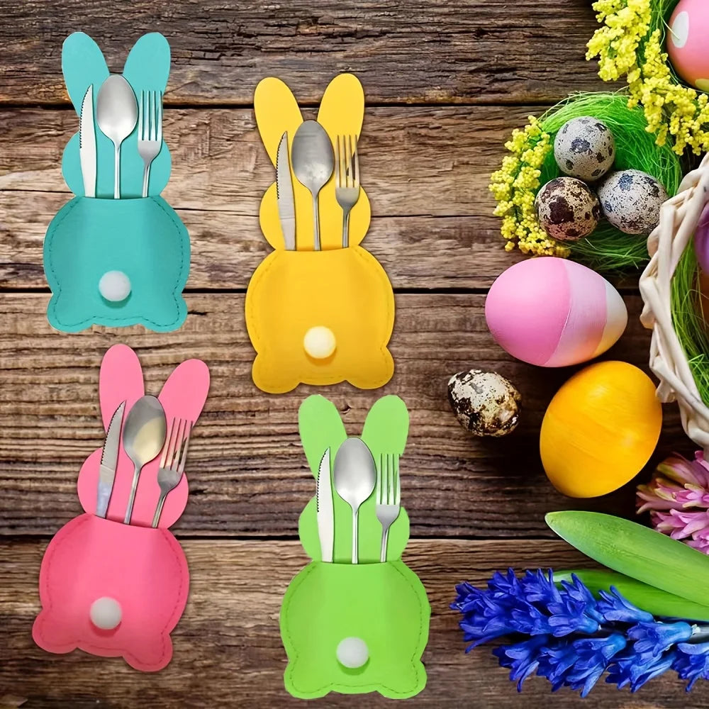 4Pcs felt tableware rack bag, creative Easter thickened felt cute rabbit tableware knife and fork storage party table decoration Qme