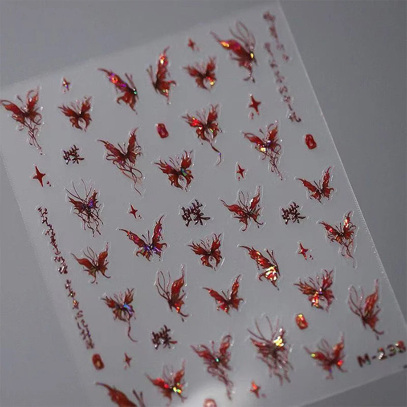 Red Butterfly Nail Stickers Flash Design Decals Self Adhesive Qme
