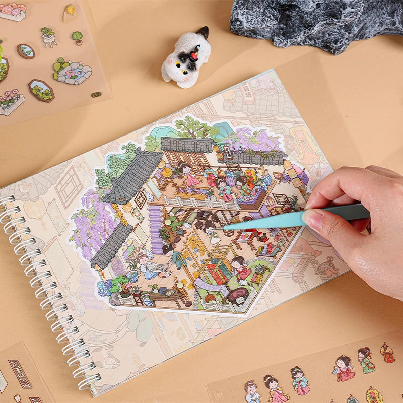 40Pcs Scenes Cartoon Landscape Sticker Book Ancient style building DIY 3D Sticker Cabin Scene Pocket Birthday Gift For Planner Qme