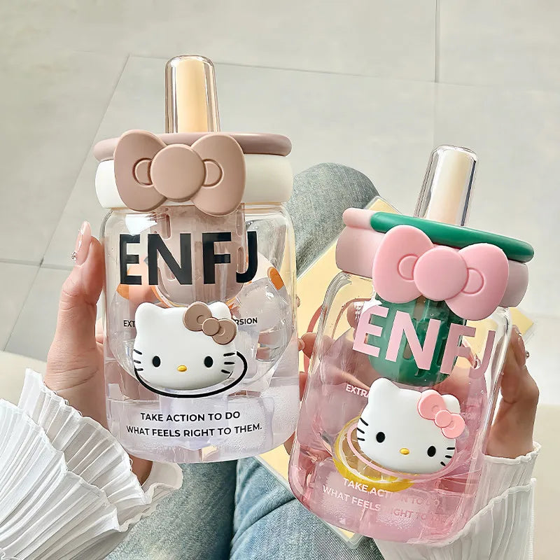 Cute, Stylish Hello Kitty Glass Cup Office Tea Cup for Women with Straw for Separating Tea and Water Heat-Resistant Coffee Cup Qme