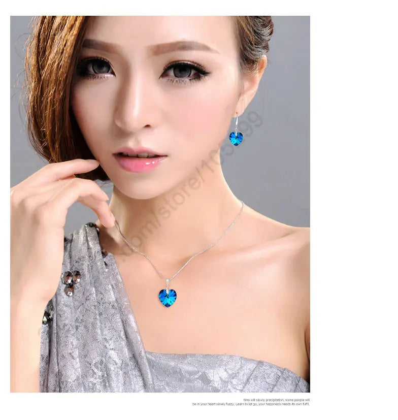 Jewelry Sets Blue Austrian Crystal Genuine 925 Sterling Silver Color Heart Pendant Necklace Earring Ear Thread Hook Earrings Qme