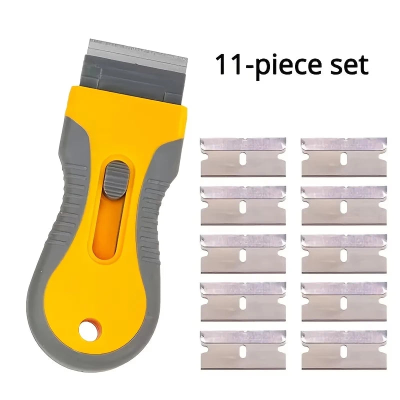 Ceramic glass scraper with retractable adjustable handle for removing labels, stickers from stoves, kitchens, and bathrooms Qme 11pcs