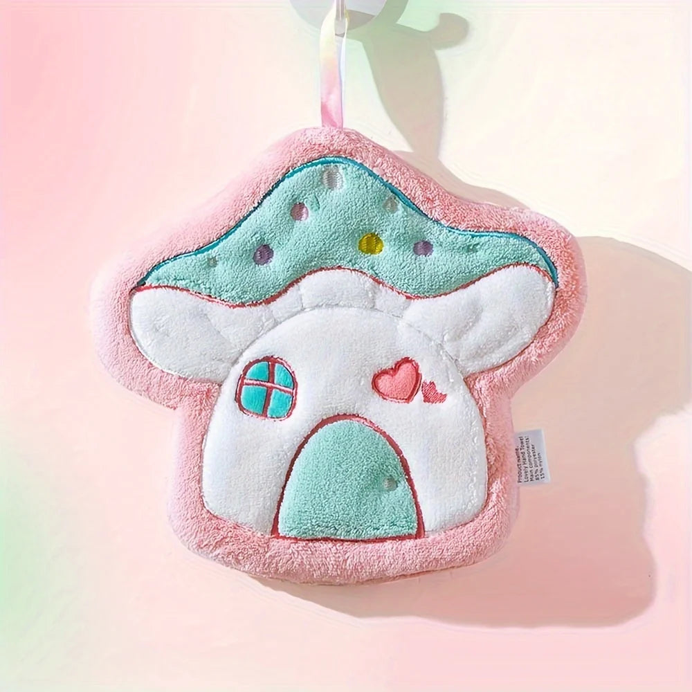 1pc cartoon mushroom hanging hand towel for children, bathroom and home use, soft and absorbent, cute hand towel Qme Pink