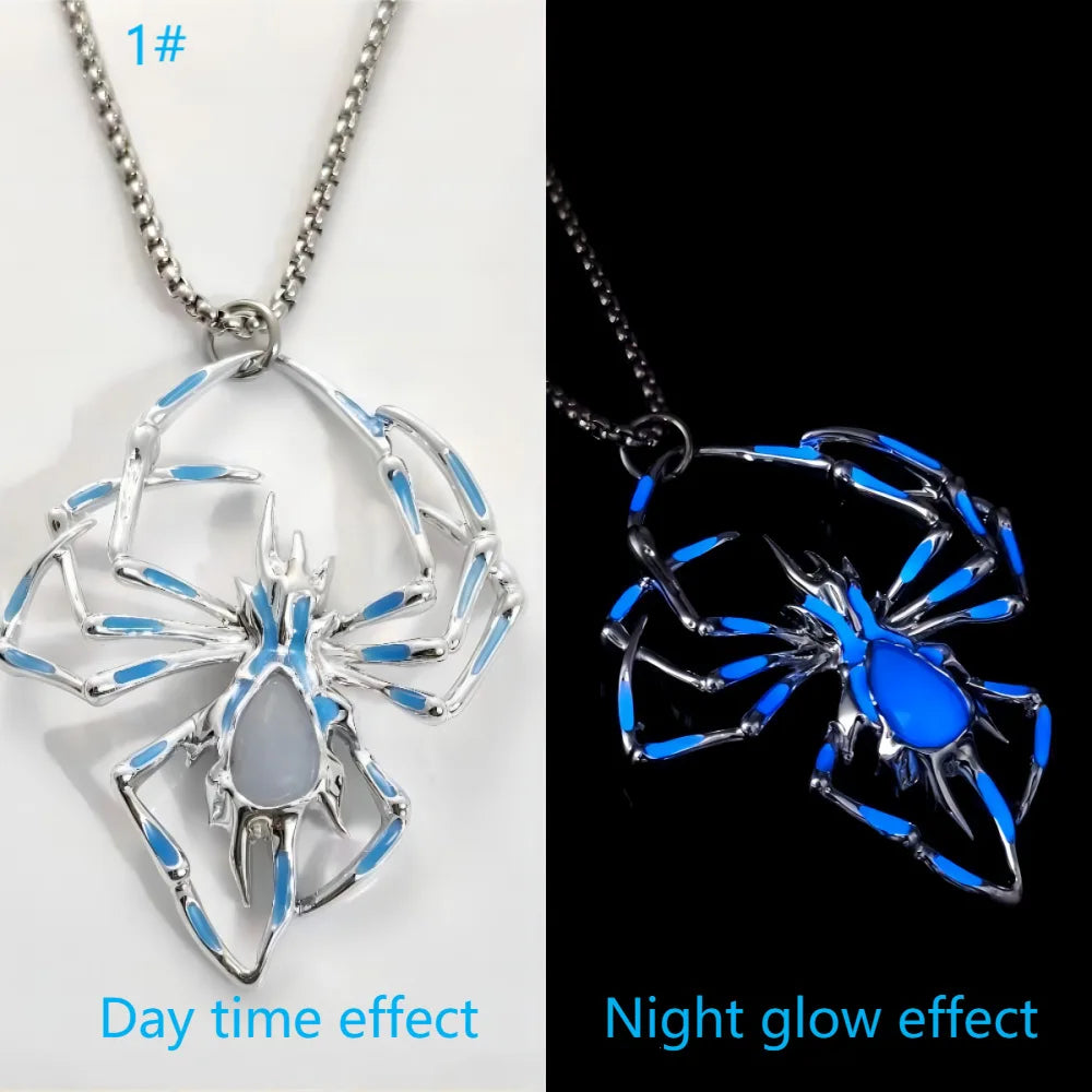 Halloween Creative 3D Luminous Spider Necklace Fashion Alloy Luminous Insect Pendant Necklace Wholesale Qme blue 60cm
