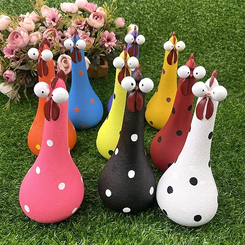Quirky Big-eyed Chicken Figurine Colorful Polka Dot Resin Statue Long Qme