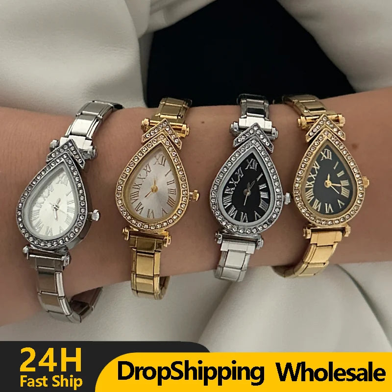2026New Fashion High Quality Men Womens Stainless Steel Water Drop Oval Gems Watch Bracelet For Friend Birthday DIY Jewelry Gift Qme