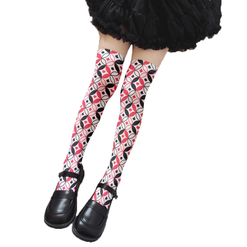 Fashionable Poker Pattern Thigh Stockings Ladies Sexy Love Plaid Qme style2 One Size