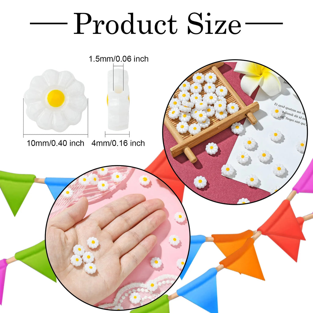 Pandahall 40Pcs 10mm Sunflower Resin Beads White Daisy Flower Beads Summer Plant Spacer Beads for DIY Keychains Jewelry Making Qme