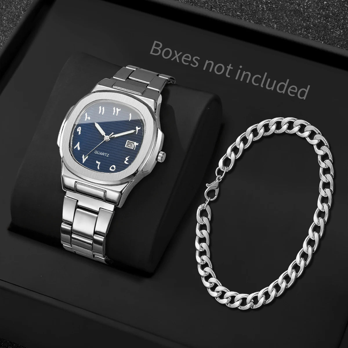 Men's Silver Watch and Bracelet Combo Set, Blue Dial Arabic Numeral Quartz Watch + Cuban Bracelet, Perfect Gift Qme Blue Set No Box
