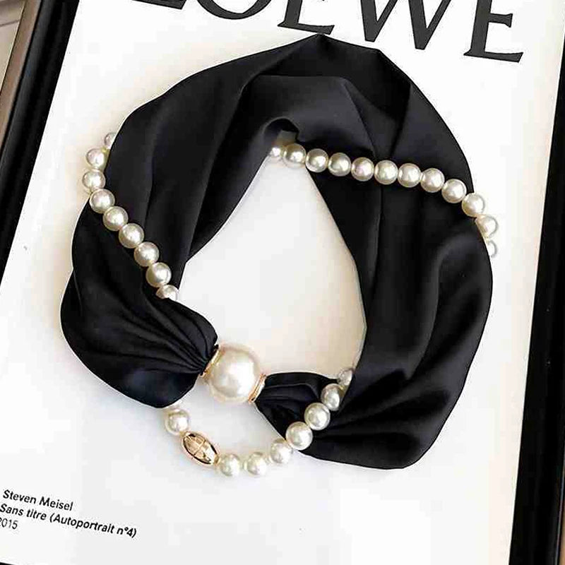Magnetic Narrow Elegant Satins Neck Scarf Wrap Pearls Chain Necklace Qme black