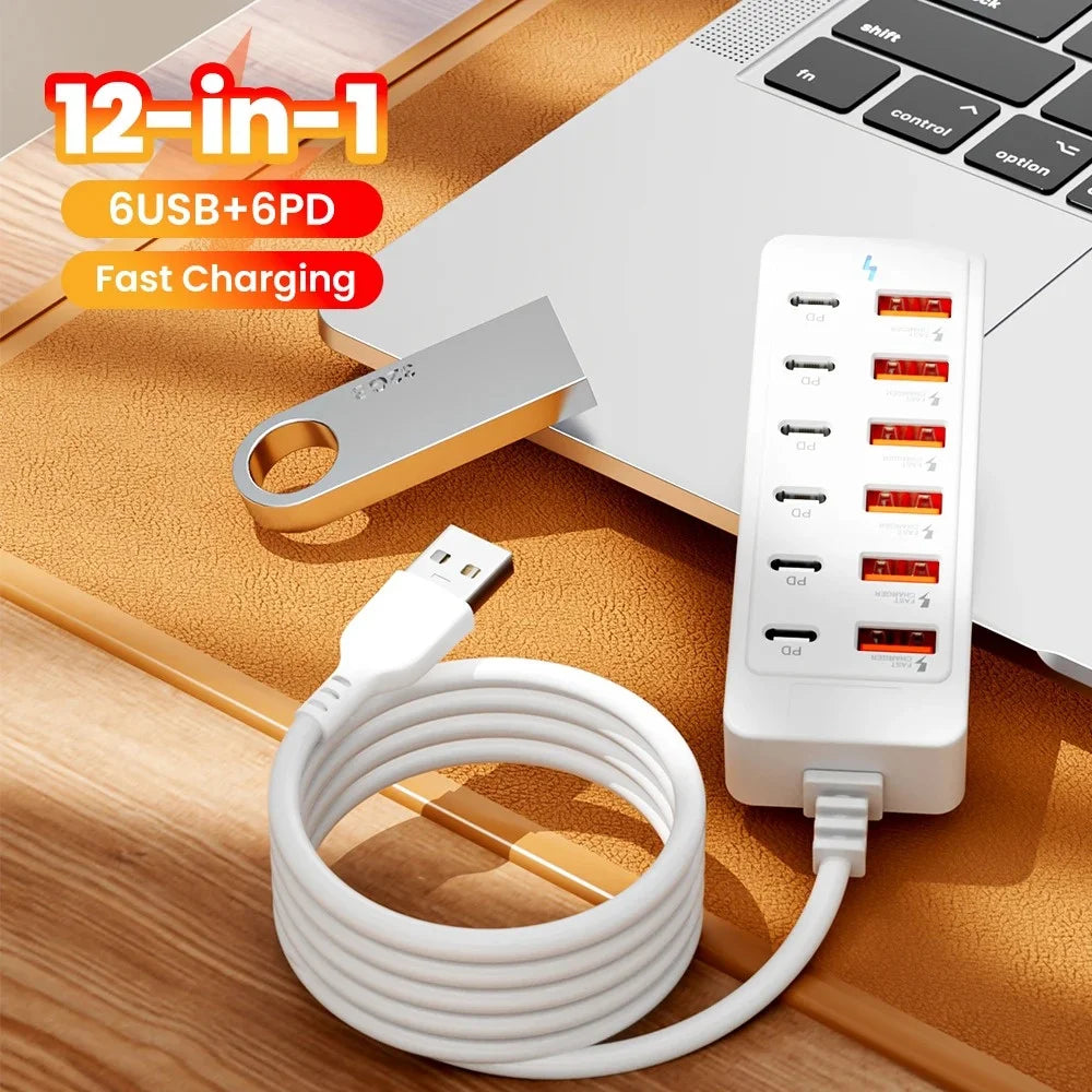 12-in-1 USB Splitter Socket 6USB+6PD Fast Charging Power Strip Desktop Charging Docking Station With 1m USB Cord for Home Office Qme