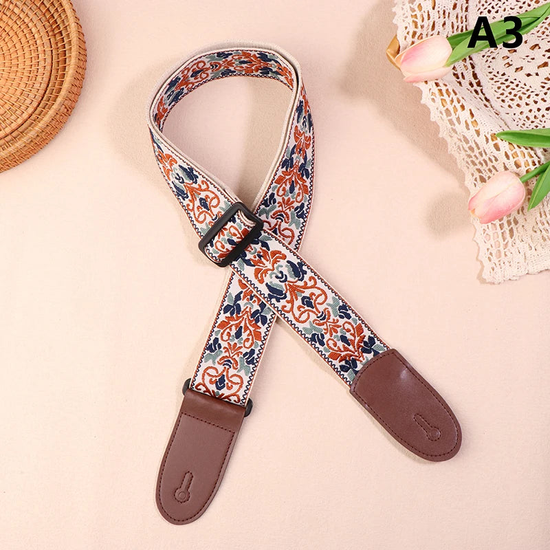 Guitar Strap Bass Cotton Leather Embroidery Straps Adjustable Neck Qme A3