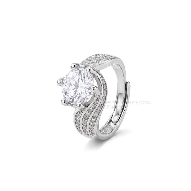 Twisted Split Shank 6 Prong Solitaire CZ Engagement Ring Adjustable Open Band Silver Tone Promise Wedding Ring for Women Qme