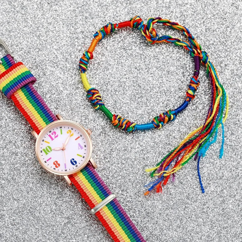 Pride Day Rainbow Watch Bracelet Set For Women Girls Colorful Large Number Dial Nylon Strap Quartz Wrist Watch Student Casual Gi Qme