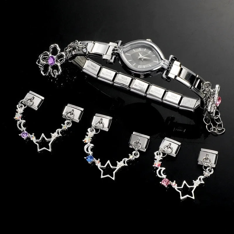 Women New Colorful Round Zircon Sliver Stars Flower Tassel Chain Italian Charm Fit 9mm Stainless Steel Bracelet DIY Jewelry Gift Qme