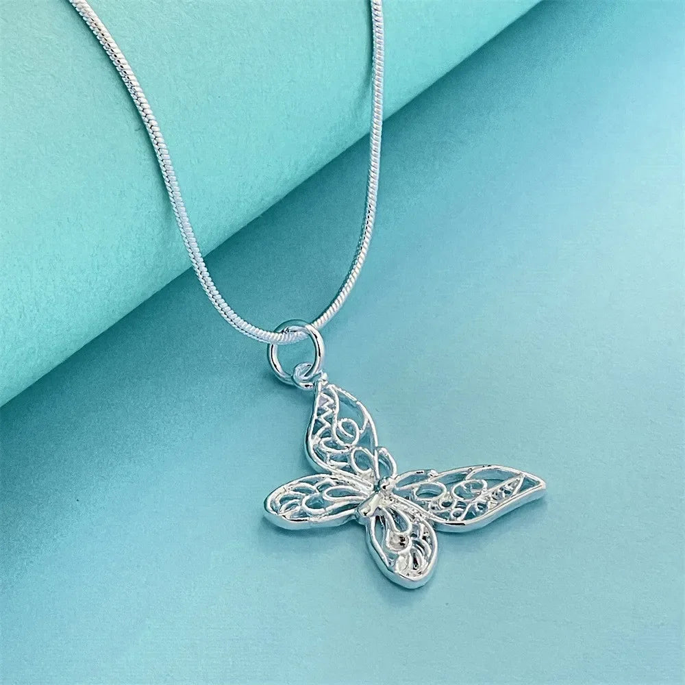 Fashion kpop 925 Sterling Silver Butterfly Necklace 18/20/22/24/28/30 inch Snake Chain For Women Wedding Engagement Jewelry Qme