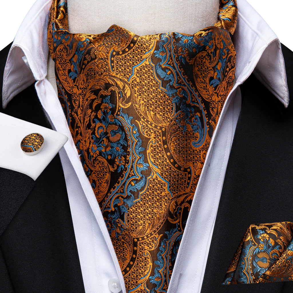 Hi-tie Silk Men's Ascot Pocket Square Cufflinks Jacquard Floral Qme