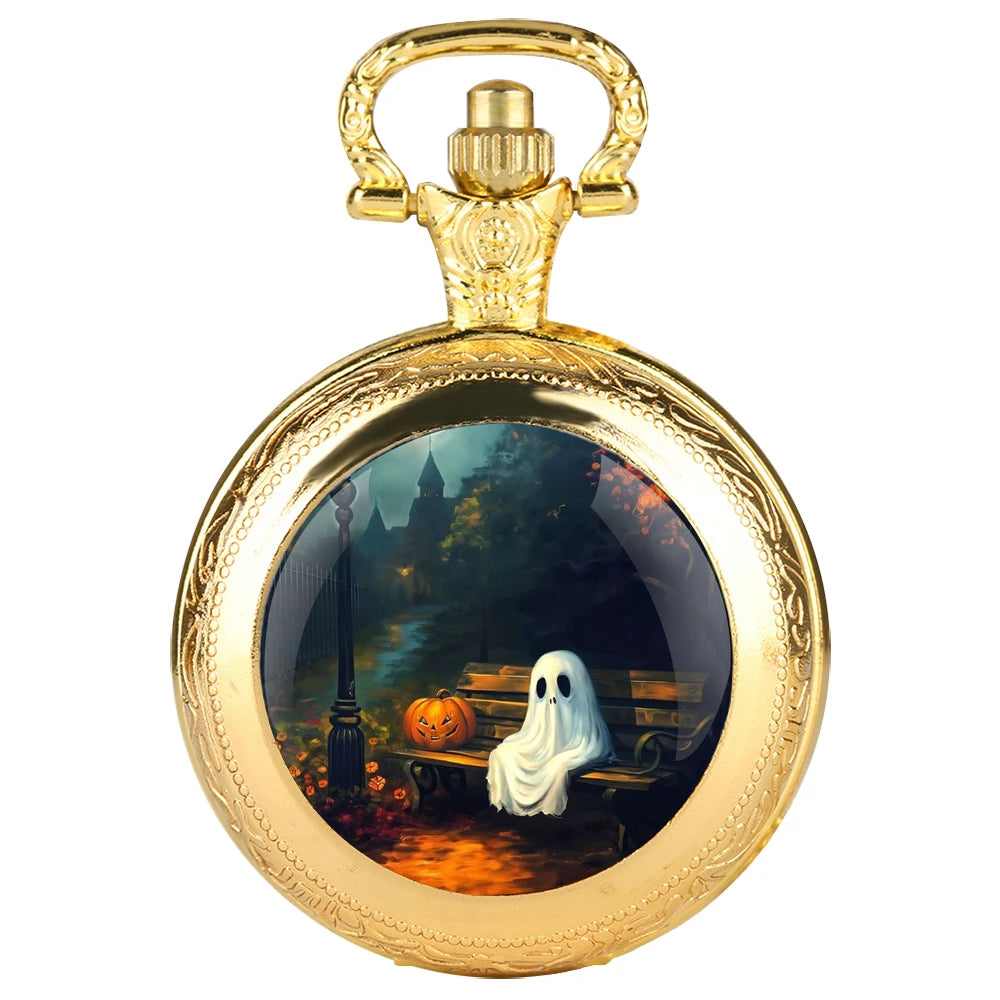 Halloween Cosplay Ghost Glass Dome Quartz Pocket Watch With Durable Chain Arabic Numeral Dial Creative Gifts for Men Women Qme Golden
