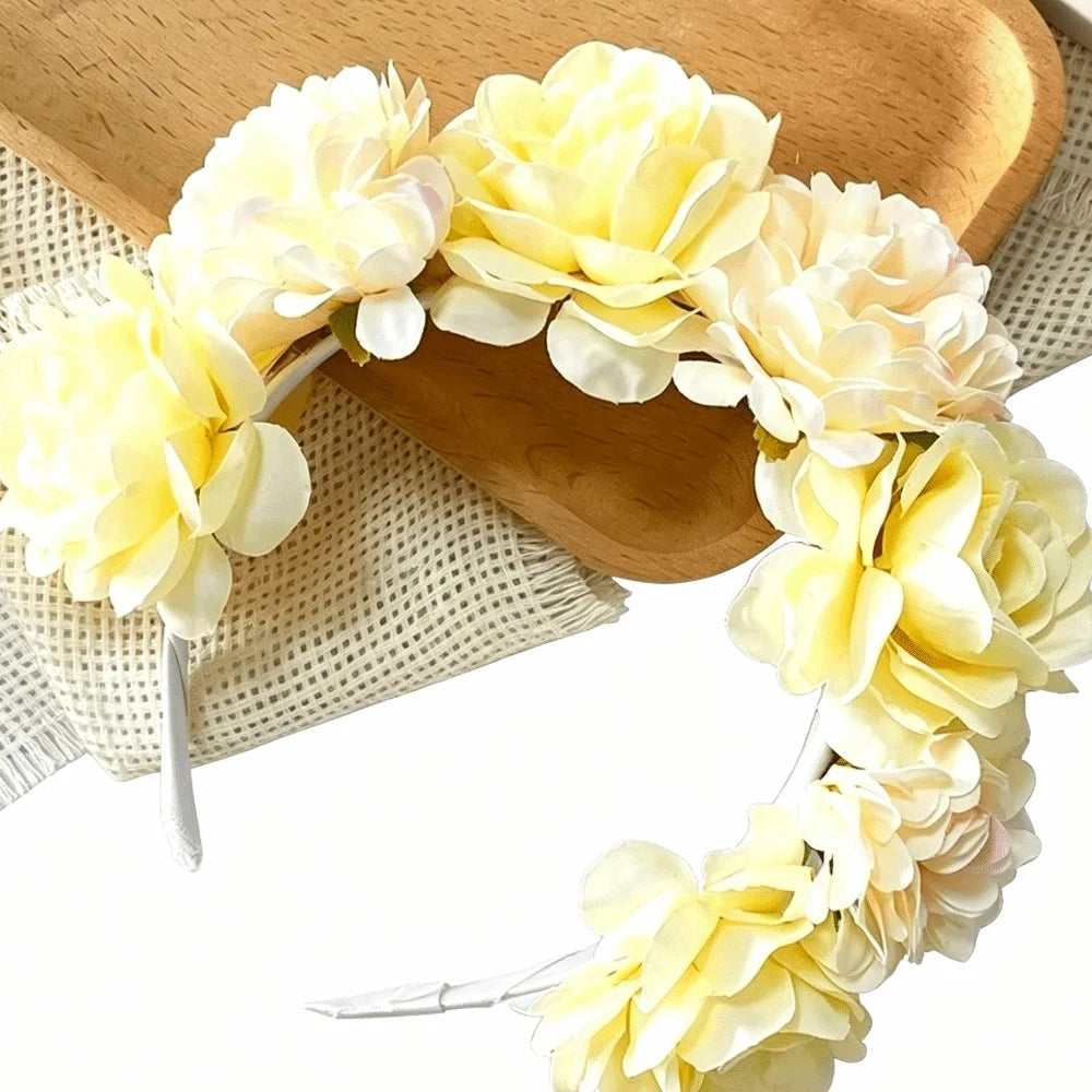 Romantic Floral Headband Wreaths Garland Elegant Artificial Flower Qme Light Yellow