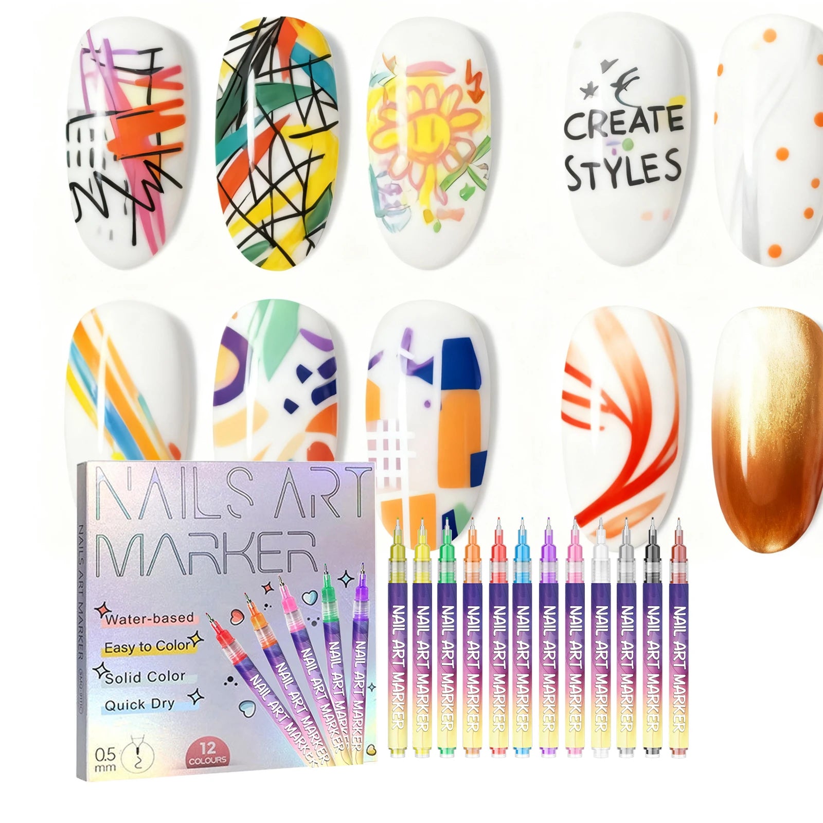 12Pcs/Set Nail Acrylic Graffiti Pen 12 Color Nail Marker DIY 3D Nail Art Drawing Pen Abstract Line Manicure Tool Painting Liner Qme