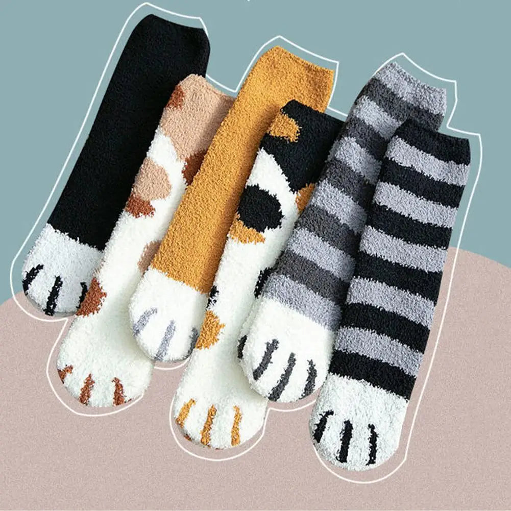 Women Winter Warm Fluffy Socks Cute Animal Claw Cat Paw Footprint Fuzzy Socks Female Thick Coral Fleece Home Floor Sleep Socks Qme