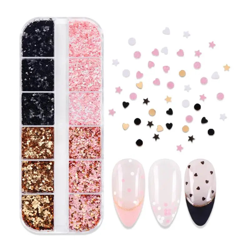 12 Grids Nail Decoration Star Heart Round Shape Art Glitter Sequins Qme