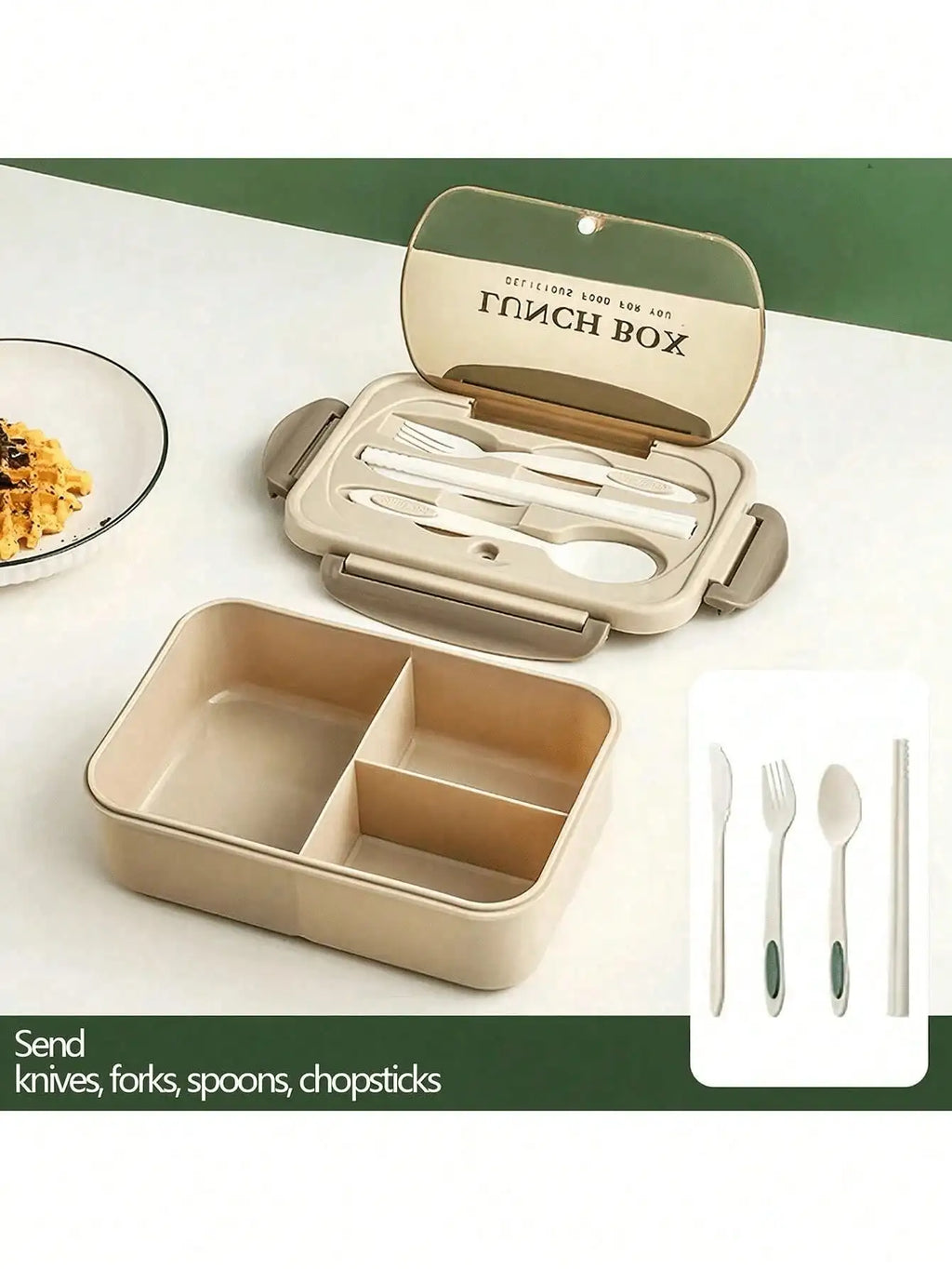 Lunch Box Two Compartments Built-in Cutlery Reusable Microwave Heated Qme